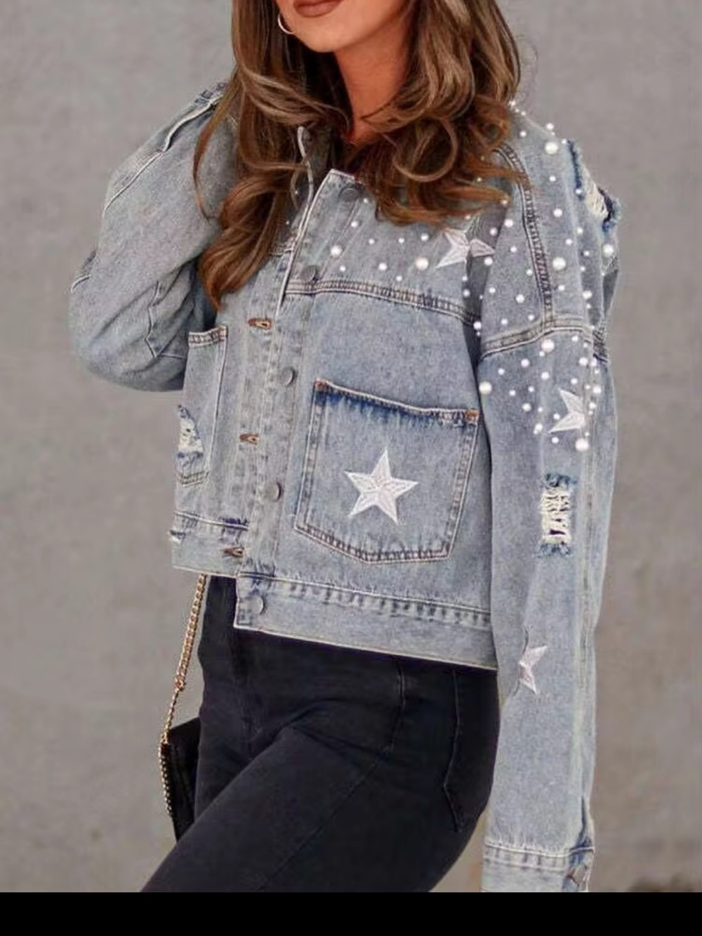 Women's Pearl-Embellished Light Wash Denim Jacket - Picture 5 of 7
